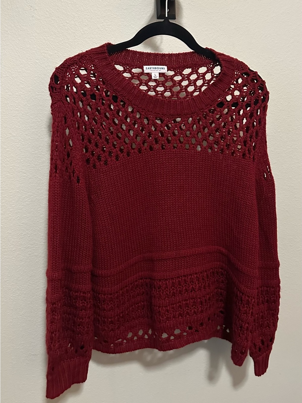 EARTHBOUND Open Crochet Yoke Crewneck Sweater in Burgundy
